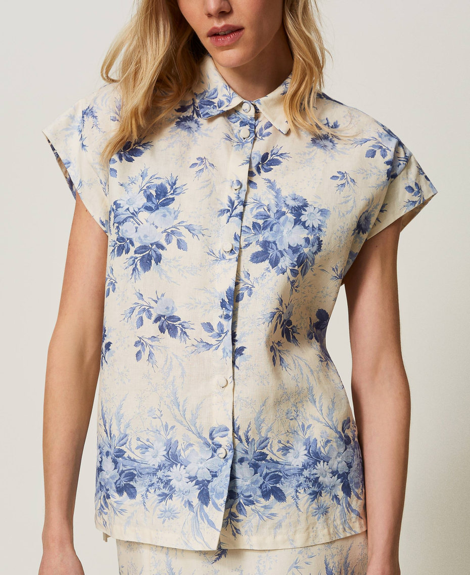 Linen blend shirt with floral print Ivory Toile de Jouy / Blue Calcedonie Print Woman 241TT2426-04