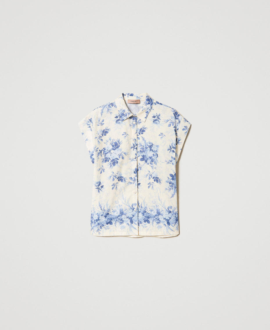 Camisa en mezcla de lino con estampado de flores Estampado Toile De Jouy Marfil / Azul Chalcedonie Mujer 241TT2426-0S