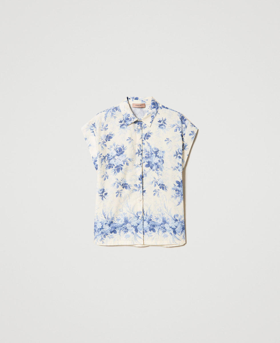 Linen-blend blouse - White/Blue floral - Ladies