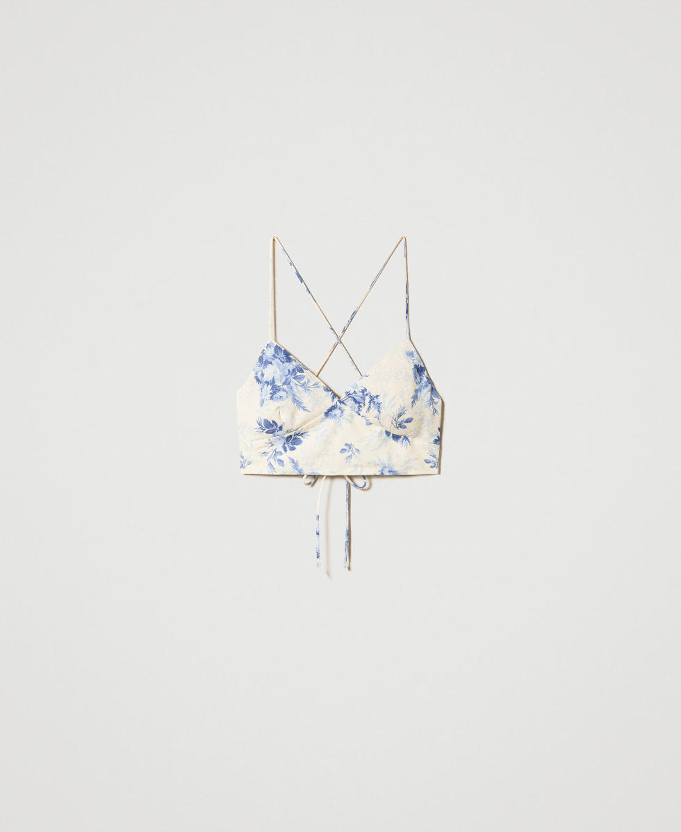 Top de mezcla de lino con estampado de flores Estampado Toile De Jouy Marfil / Azul Chalcedonie Mujer 241TT2427_11679_S0