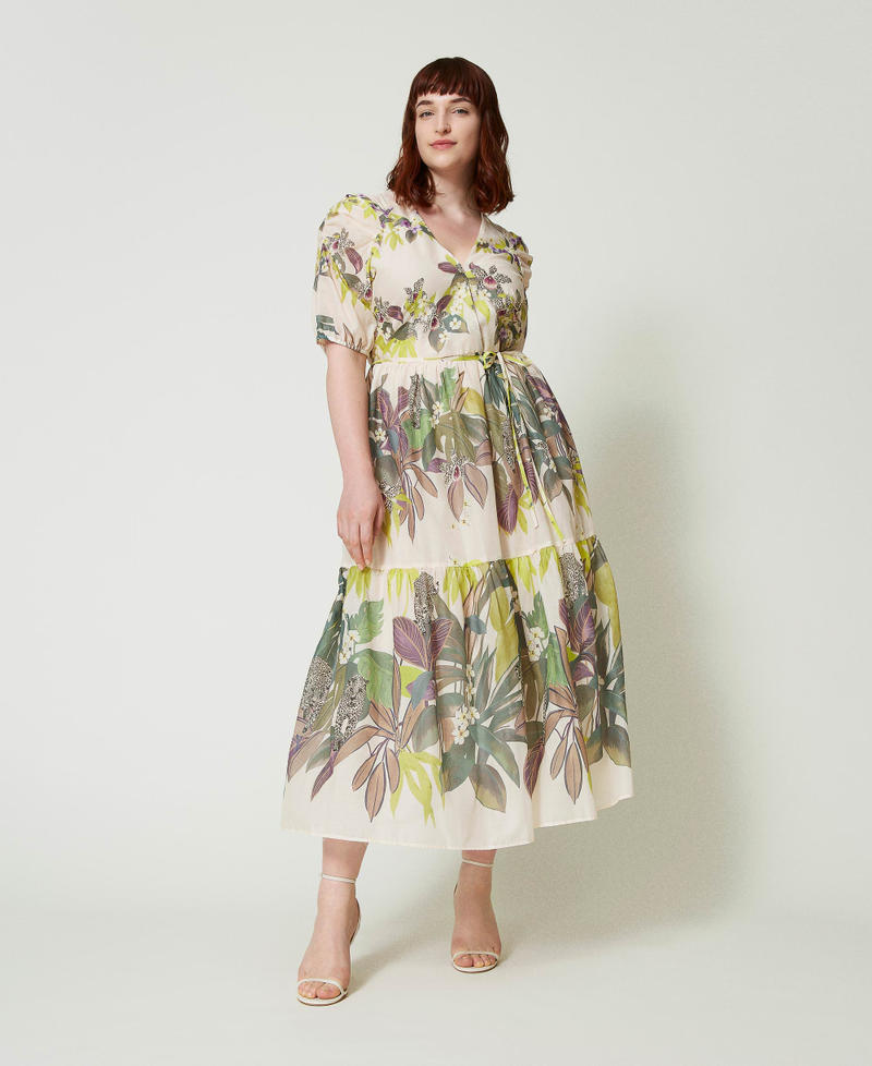 Long muslin dress with print Jungle Print Lime Flounces Woman 241TT2441-02