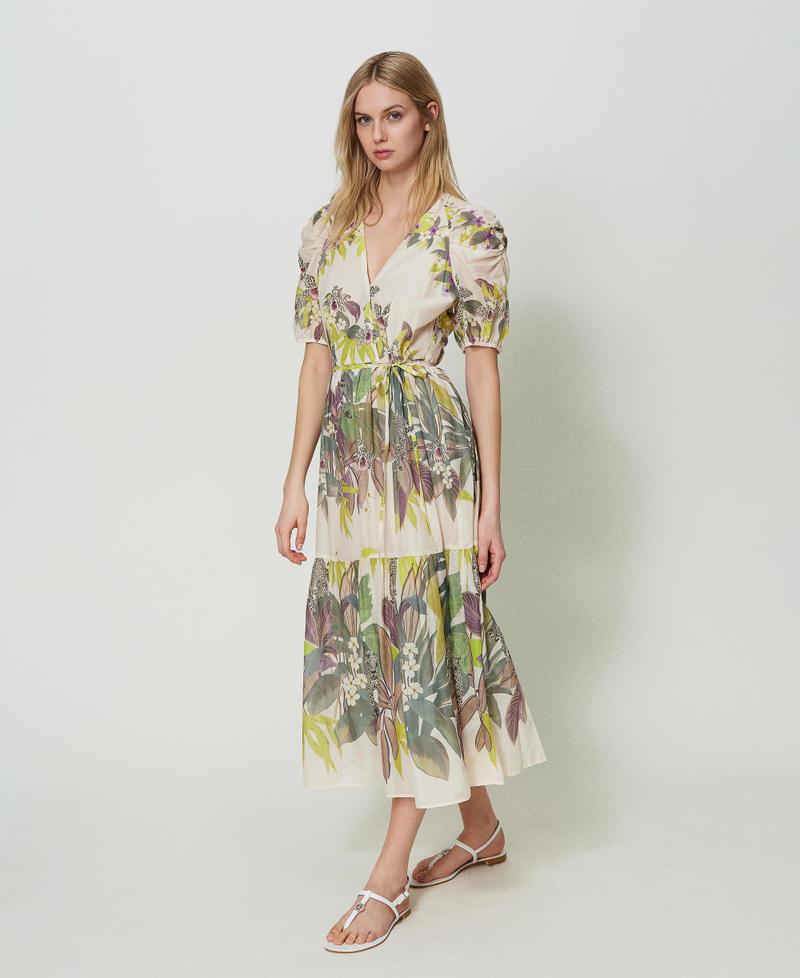 Long muslin dress with print Jungle Print Lime Flounces Woman 241TT2441-02