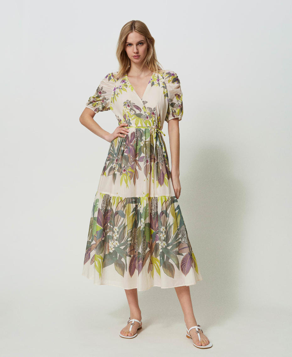 Long muslin dress with print Jungle Print Lime Flounces Woman 241TT2441-05