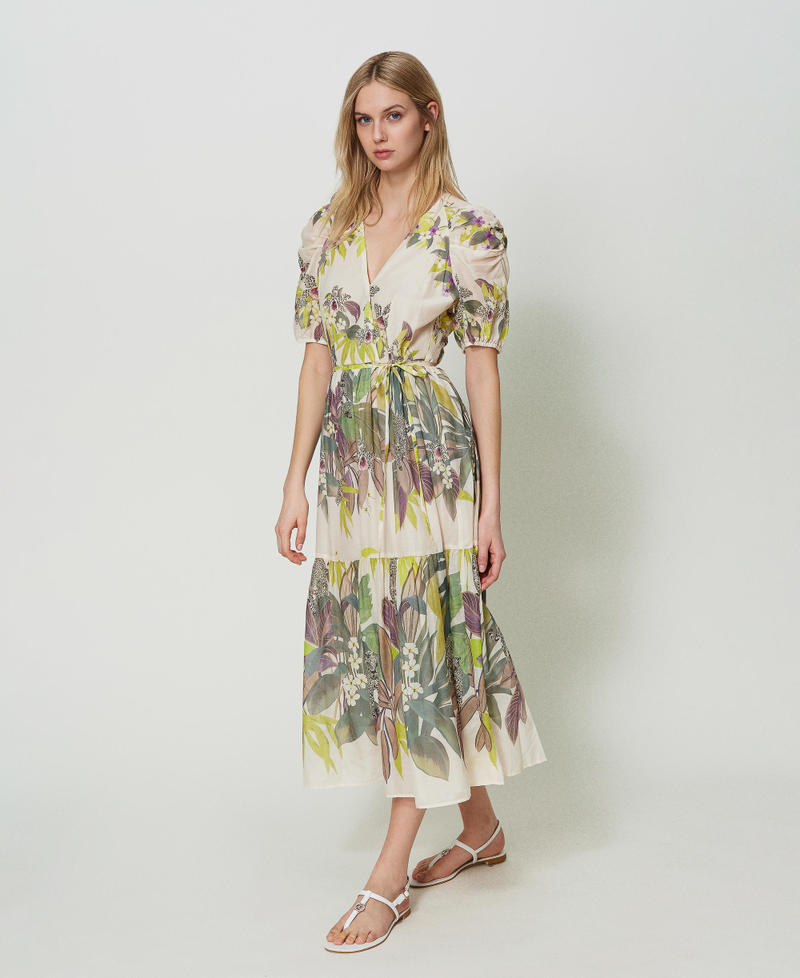 Long muslin dress with print Jungle Print Lime Flounces Woman 241TT2441-06