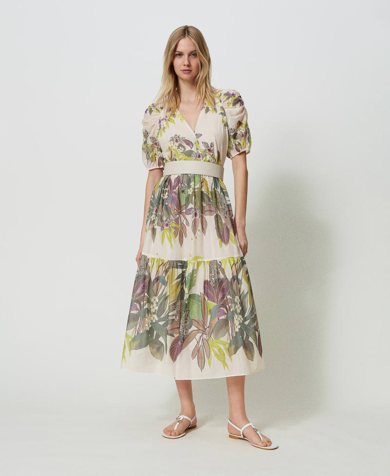 Long muslin dress with print Jungle Print Lime Flounces Woman 241TT2441-0T