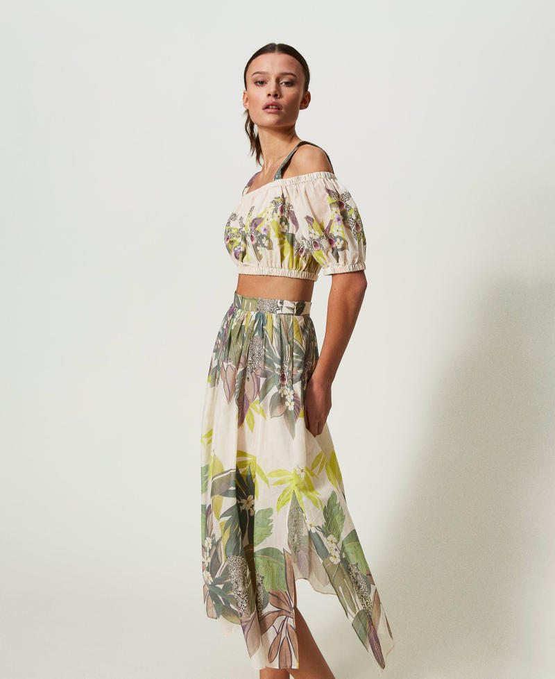 Muslin top and calf-length skirt with print Jungle Print Lime Flounces Woman 241TT2443-02