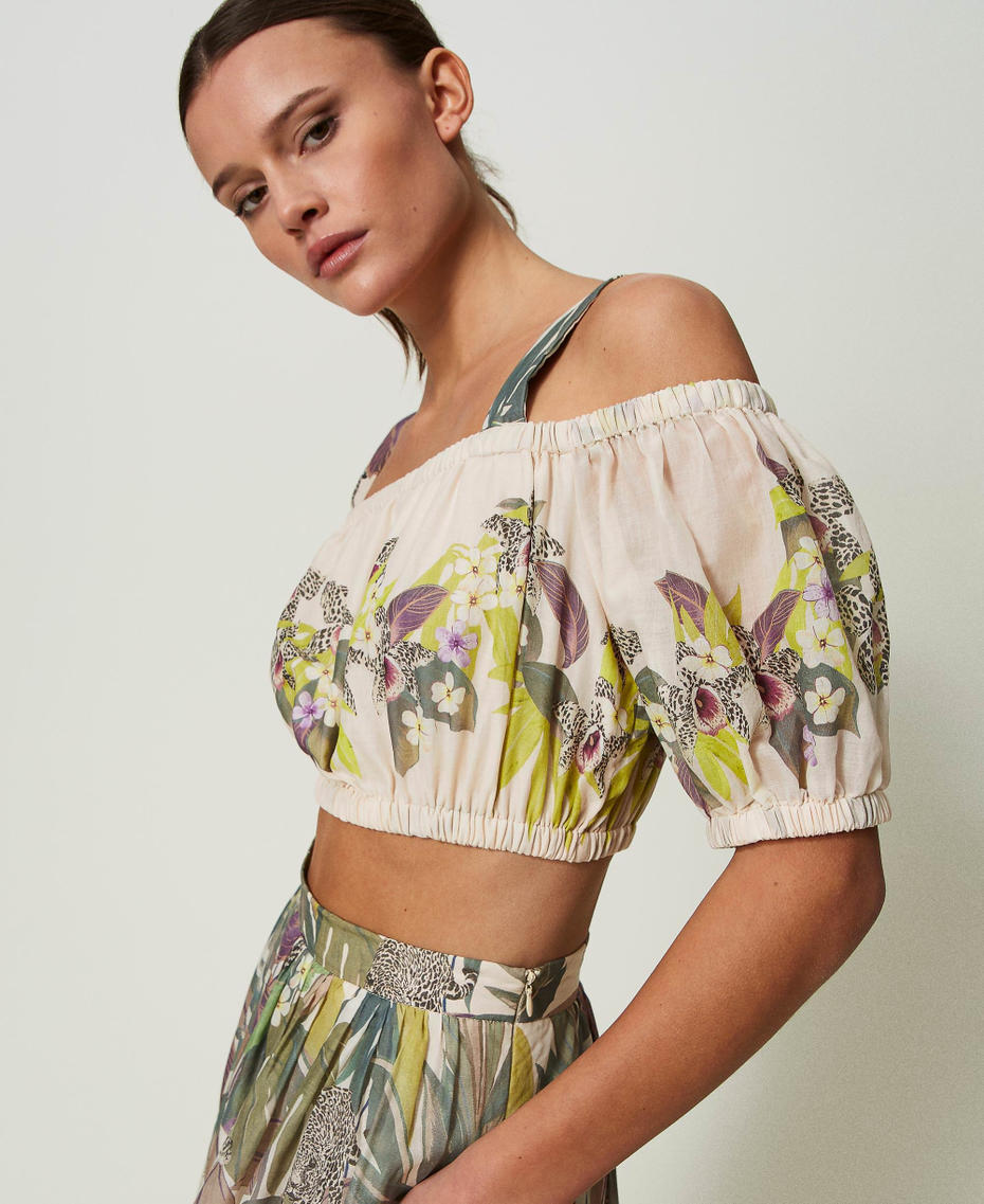 Muslin top and calf-length skirt with print Jungle Print Lime Flounces Woman 241TT2443-04