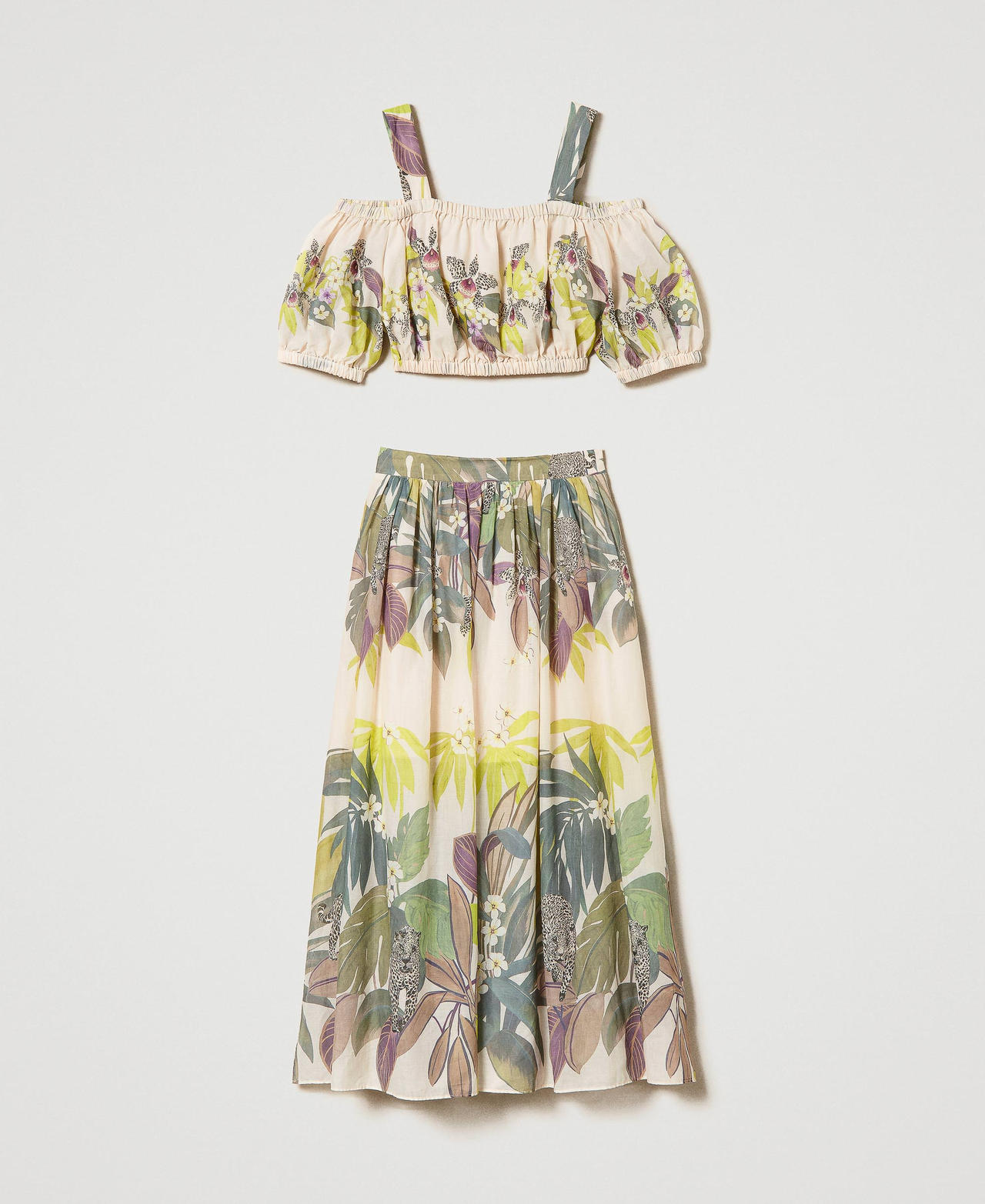 Muslin top and calf-length skirt with print