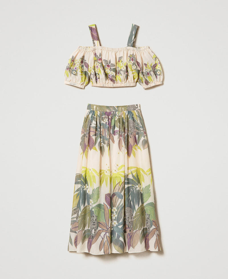 Muslin top and calf-length skirt with print