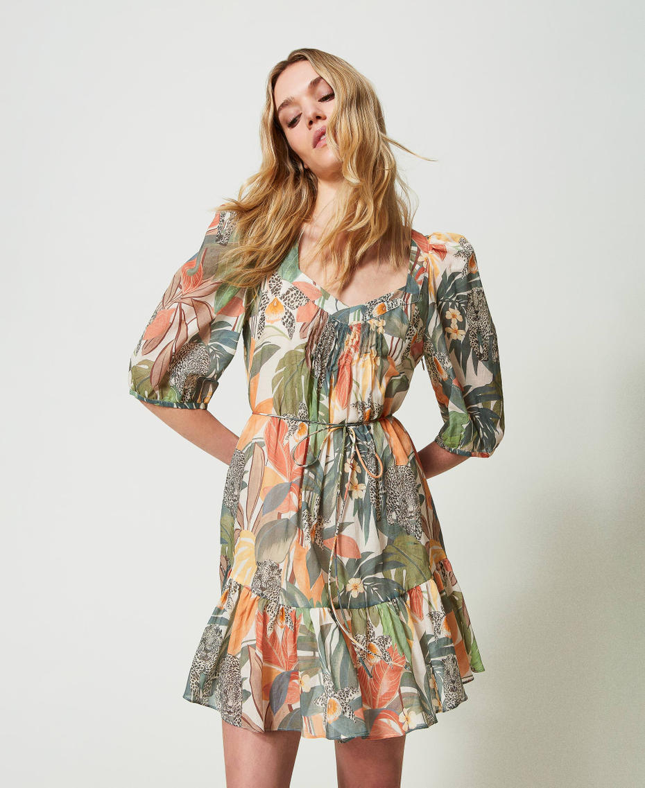 Kurzes Kleid aus Musselin mit Print Print Jungle Allover Papaya Frau 241TT2452-01