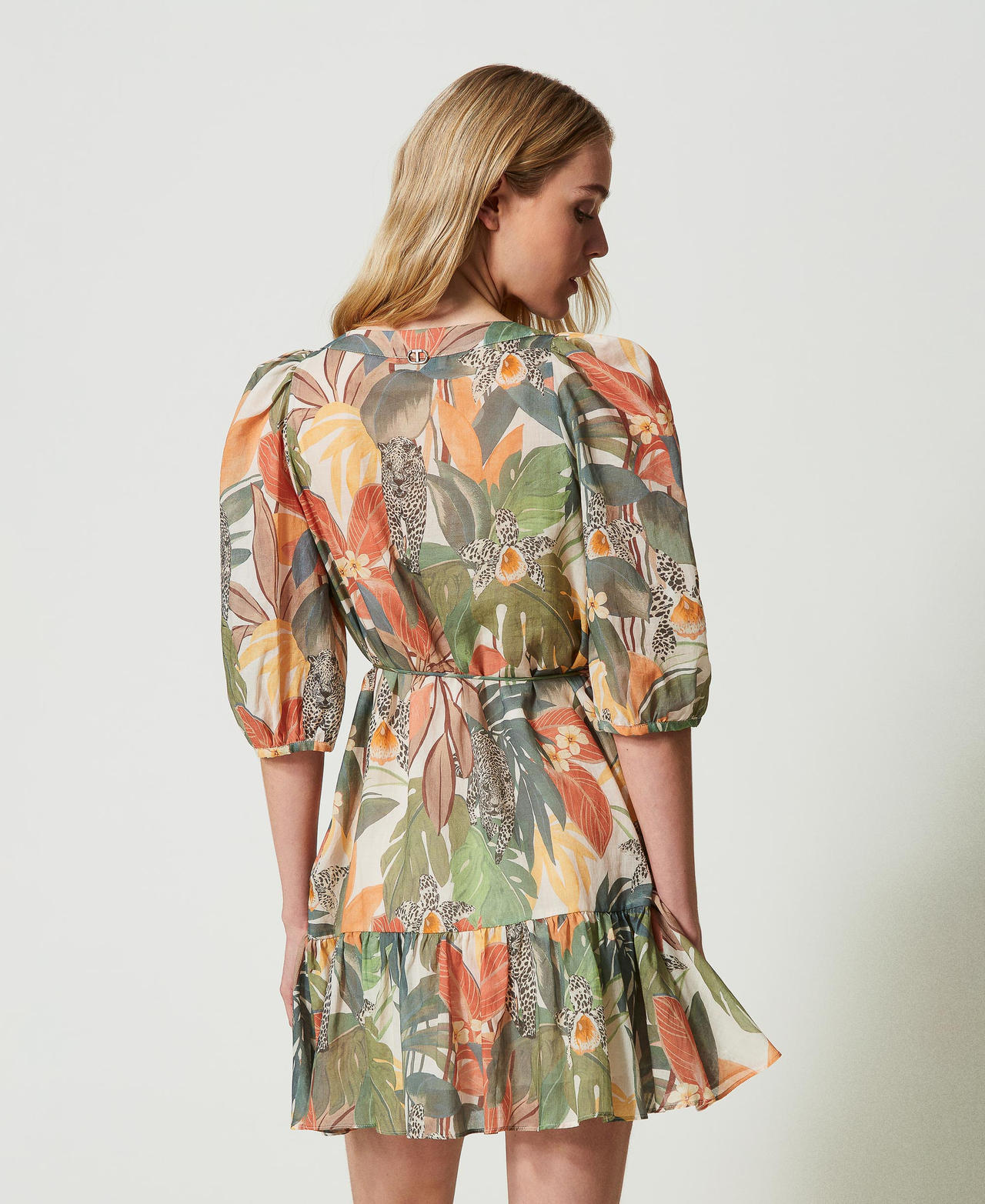 Kurzes Kleid aus Musselin mit Print Print Jungle Allover Papaya Frau 241TT2452-03