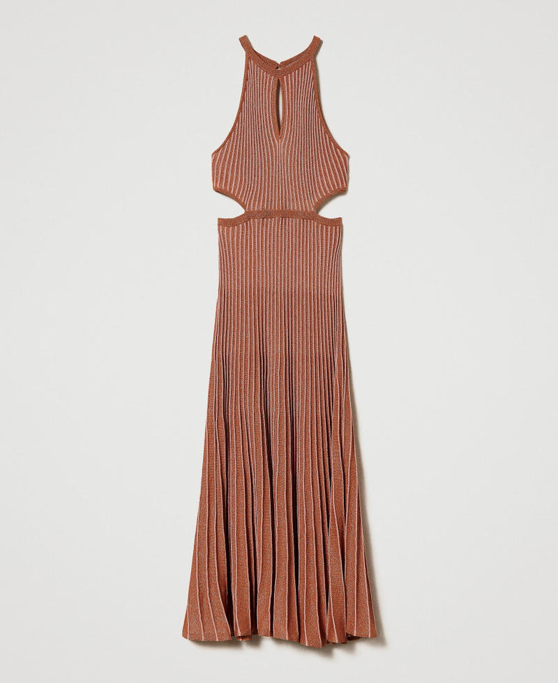 Длинное трикотажное платье с люрексом и плиссировкой Полоска Люрекс Оранжевый "Горный Закат" Темный женщина 241TT3070-0S