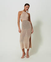chinese dress ladies Floating by Plunging Neckline Mesh Overlay Midi Dress White L main image 1