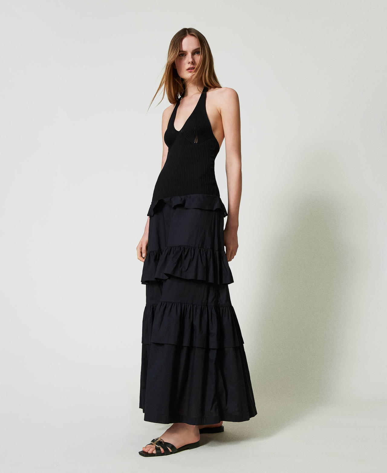 Maxikleid aus Gestrick und Musselin