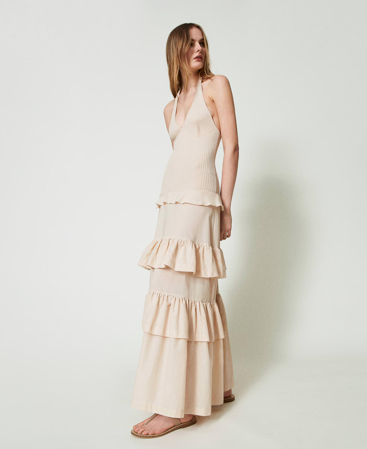 Robe longue en maille et mousseline Beige &laquo;&thinsp;Ginger Root&thinsp;&raquo; Clair Femme 241TT3091_11640_02