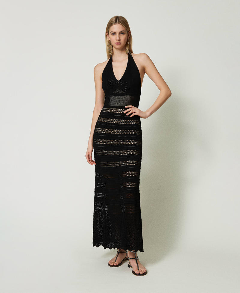 Long lace-like knit dress Woman, Black | TWINSET Milano