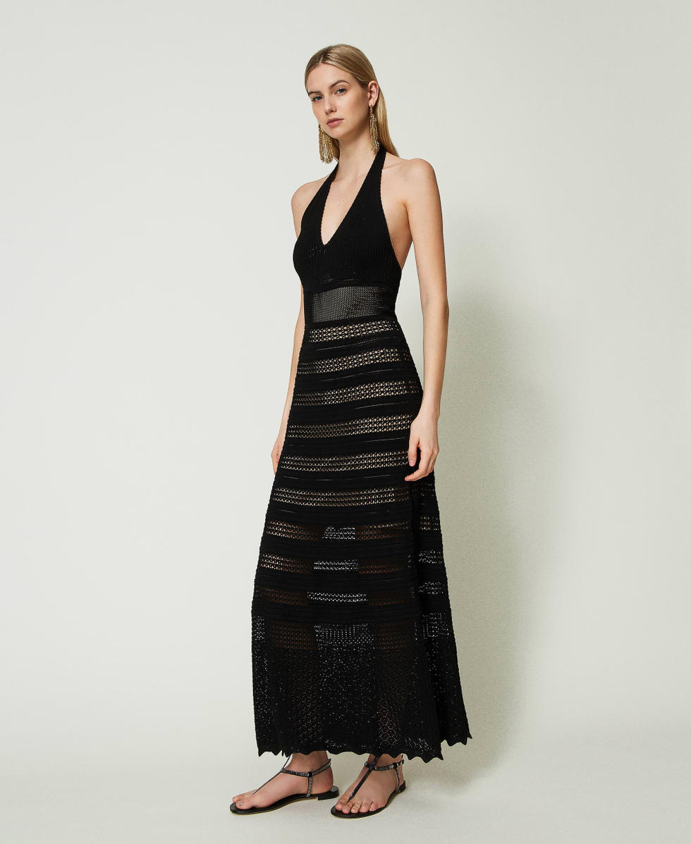 Long lace-like knit dress Woman, Black | TWINSET Milano