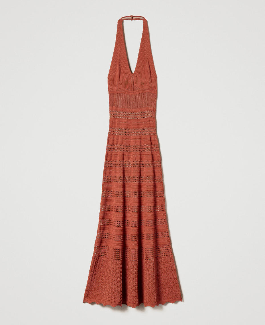 Длинное трикотажное платье с кружевным эффектом Оранжевый "Горный Закат" Темный женщина 241TT3112-01
