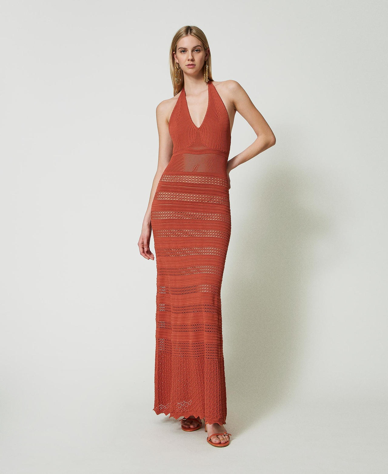Длинное трикотажное платье с кружевным эффектом Оранжевый "Горный Закат" Темный женщина 241TT3112-0S