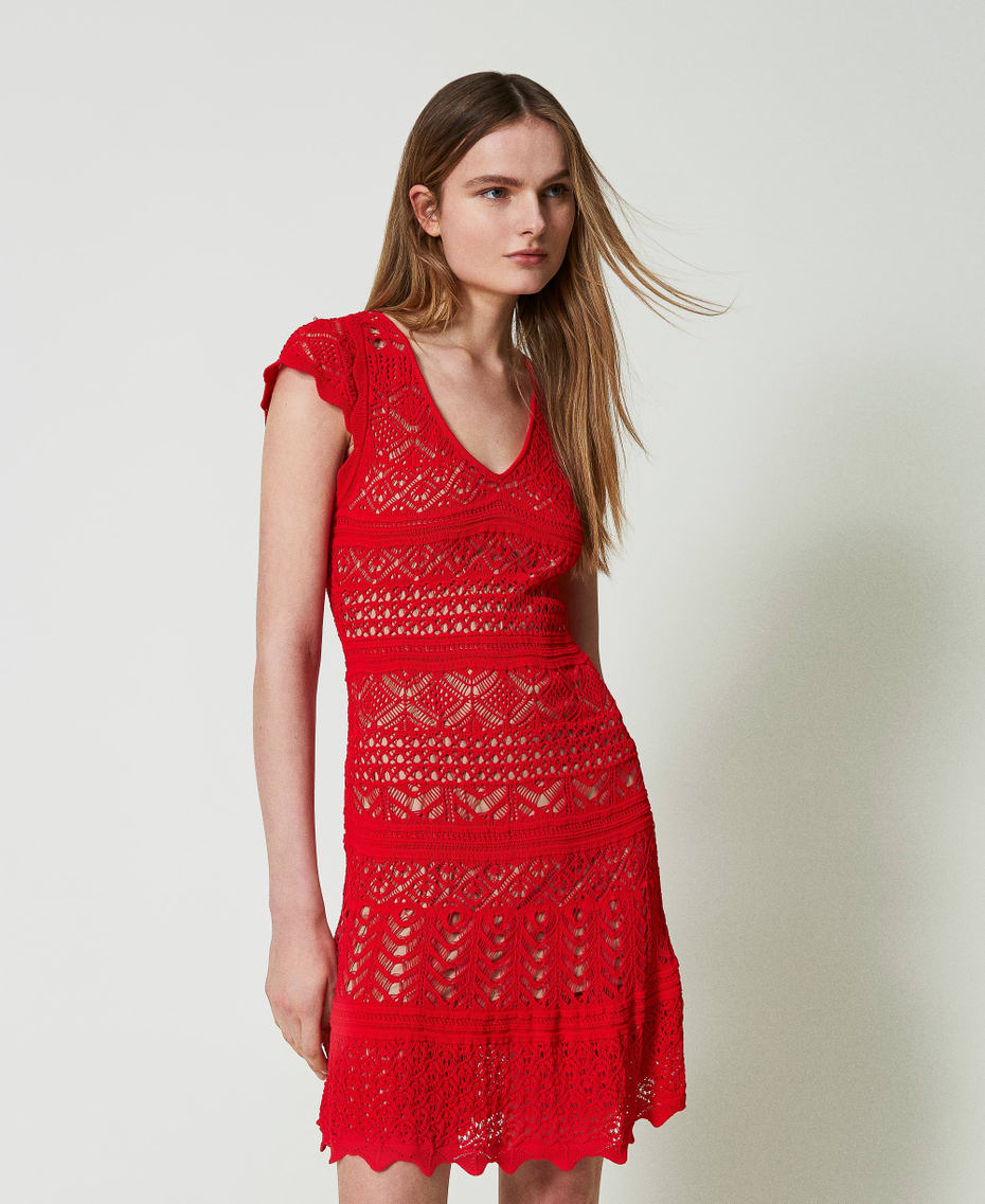 Короткое трикотажное платье с кружевным эффектом Красный "Коралл" женщина 241TT3114-01
