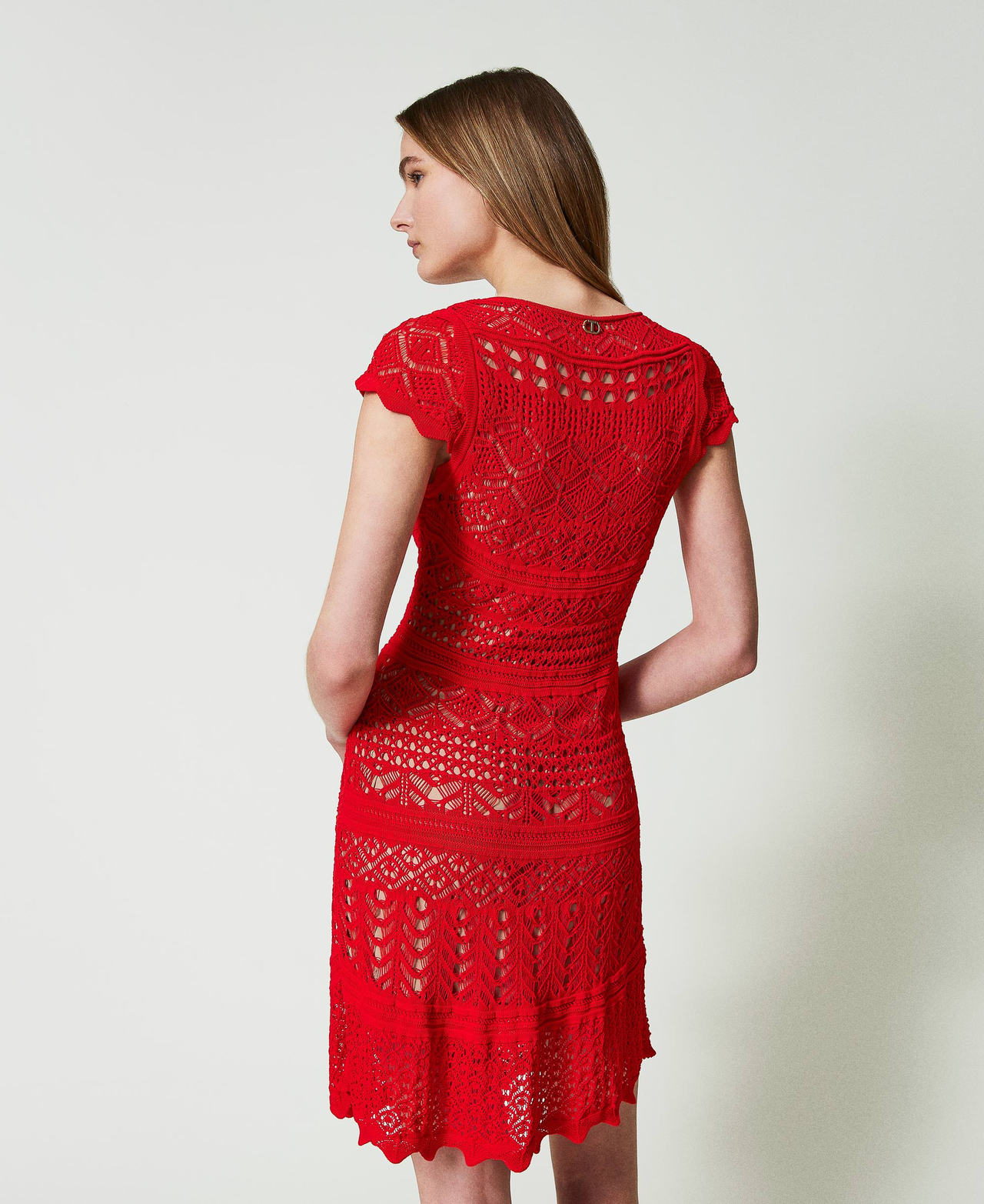 Robe courte en maille effet dentelle Rouge "Corail" Femme 241TT3114-03