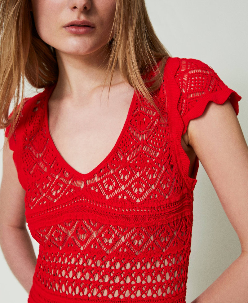 Короткое трикотажное платье с кружевным эффектом Красный "Коралл" женщина 241TT3114-04