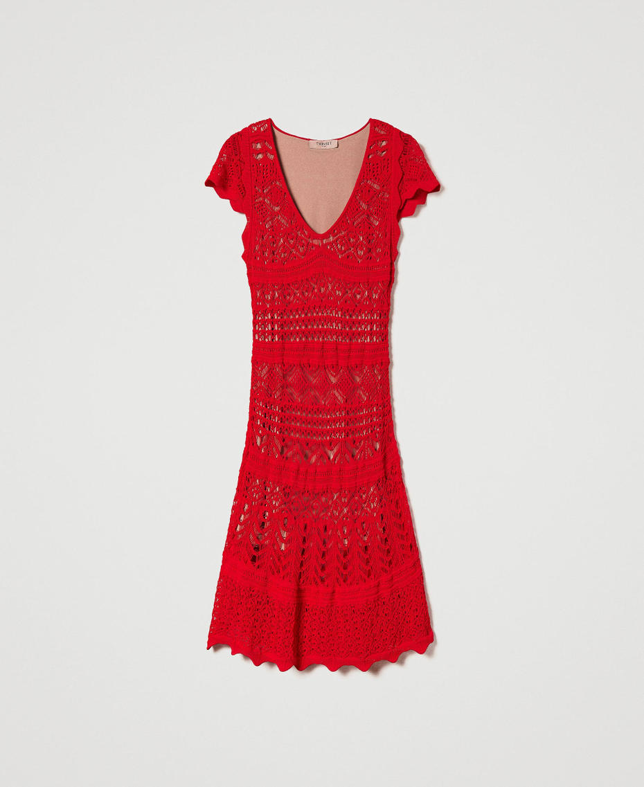 Короткое трикотажное платье с кружевным эффектом Красный "Коралл" женщина 241TT3114-0S
