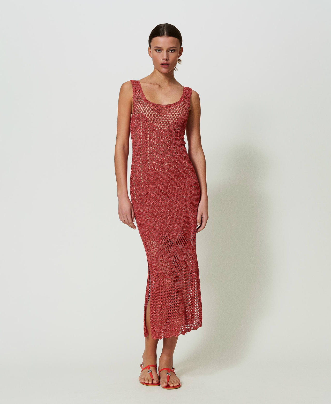 Midi openwork knit dress Dark “Lip Gloss” Red Lurex Woman 241TT3130-02