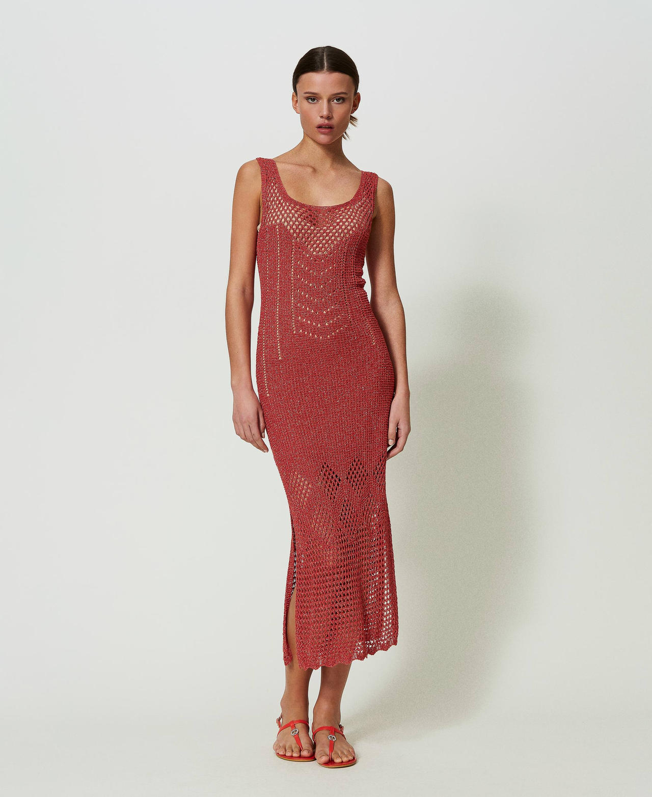 Midi openwork knit dress Dark “Lip Gloss” Red Lurex Woman 241TT3130_11697_02