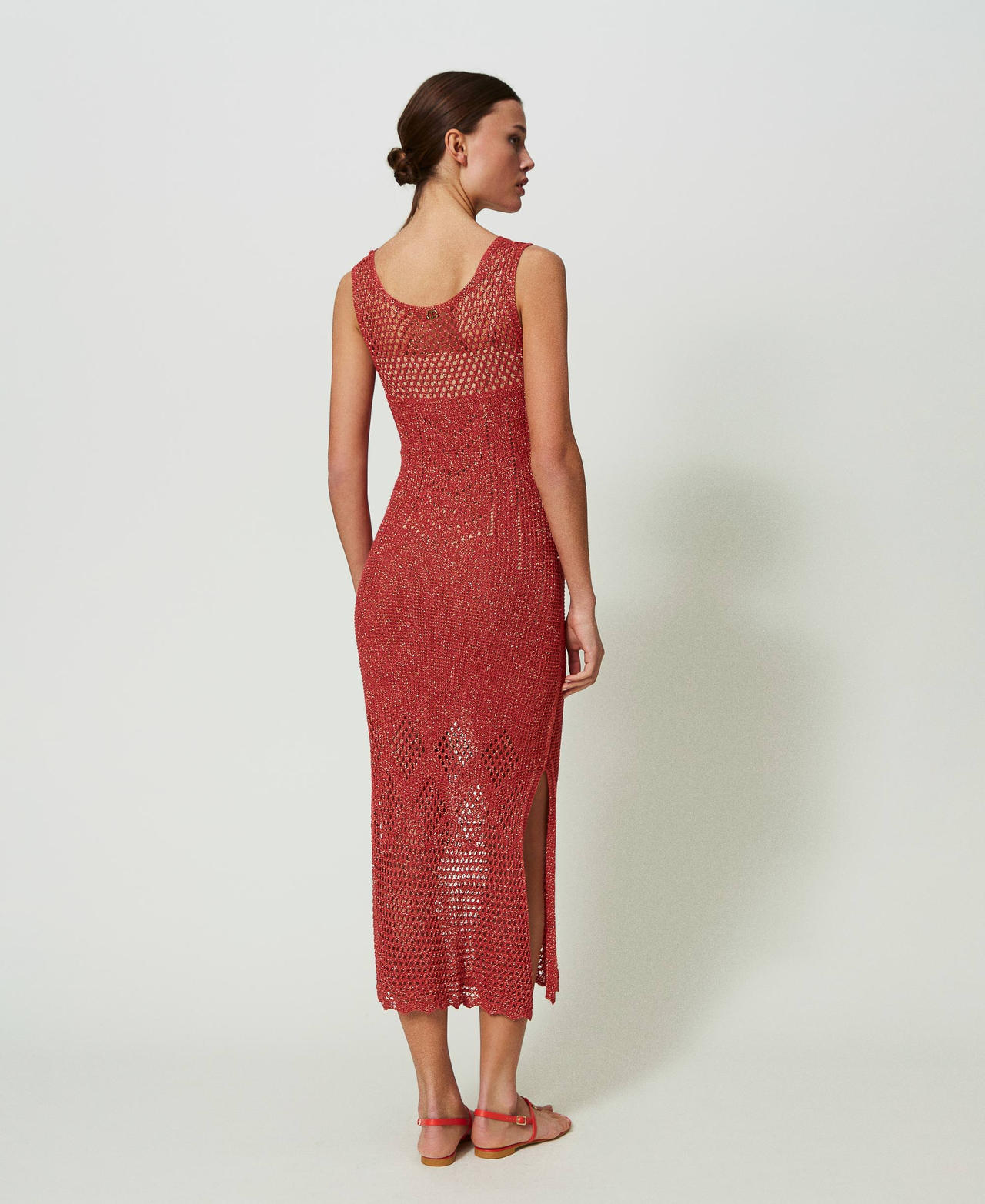 Midi openwork knit dress Dark “Lip Gloss” Red Lurex Woman 241TT3130-03
