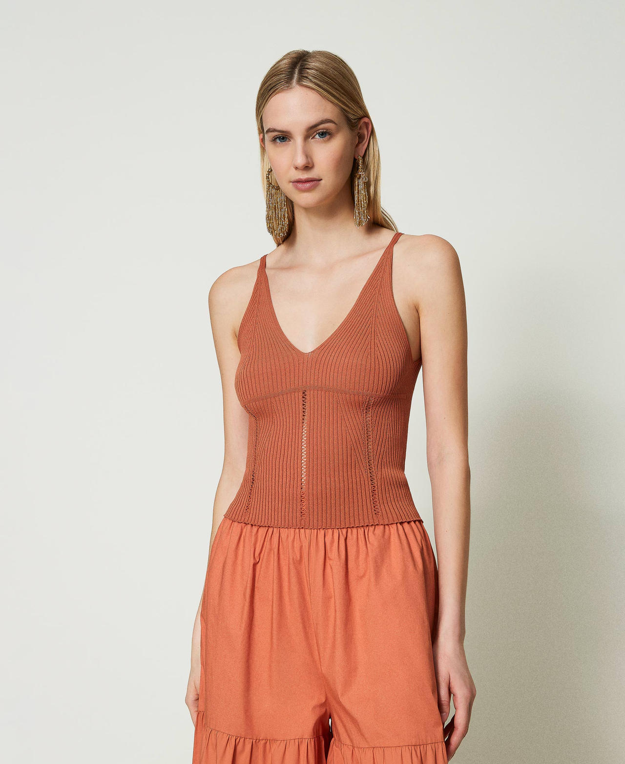 Fitted ribbed knit top Dark "Canyon Sunset" Orange Woman 241TT3153_11632_01