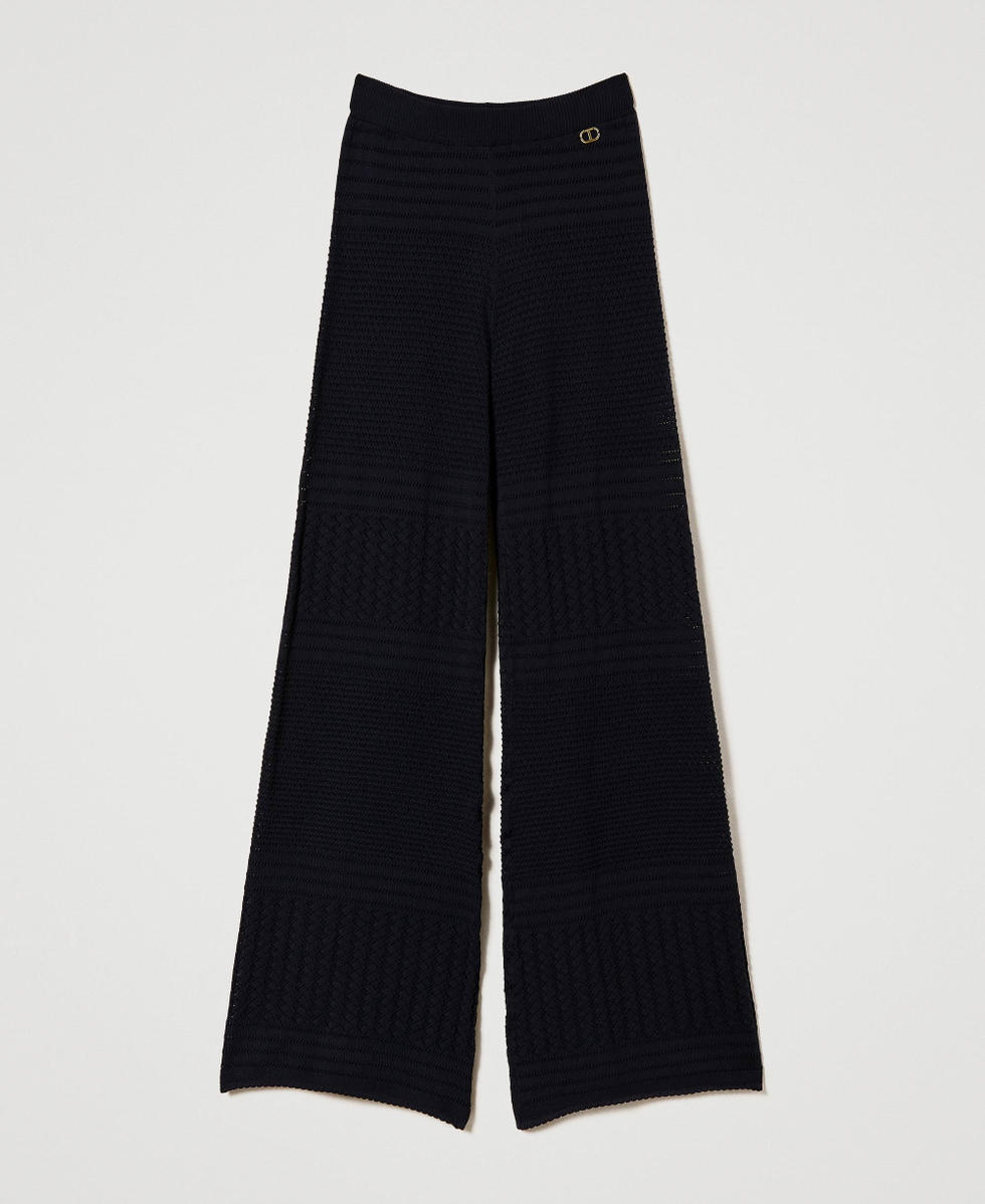 Crochet-like knit trousers