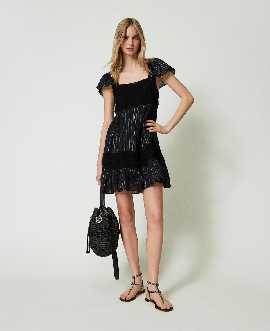 Короткое трикотажное платье из кроше и филькупе Черный женщина 241TT3170-01