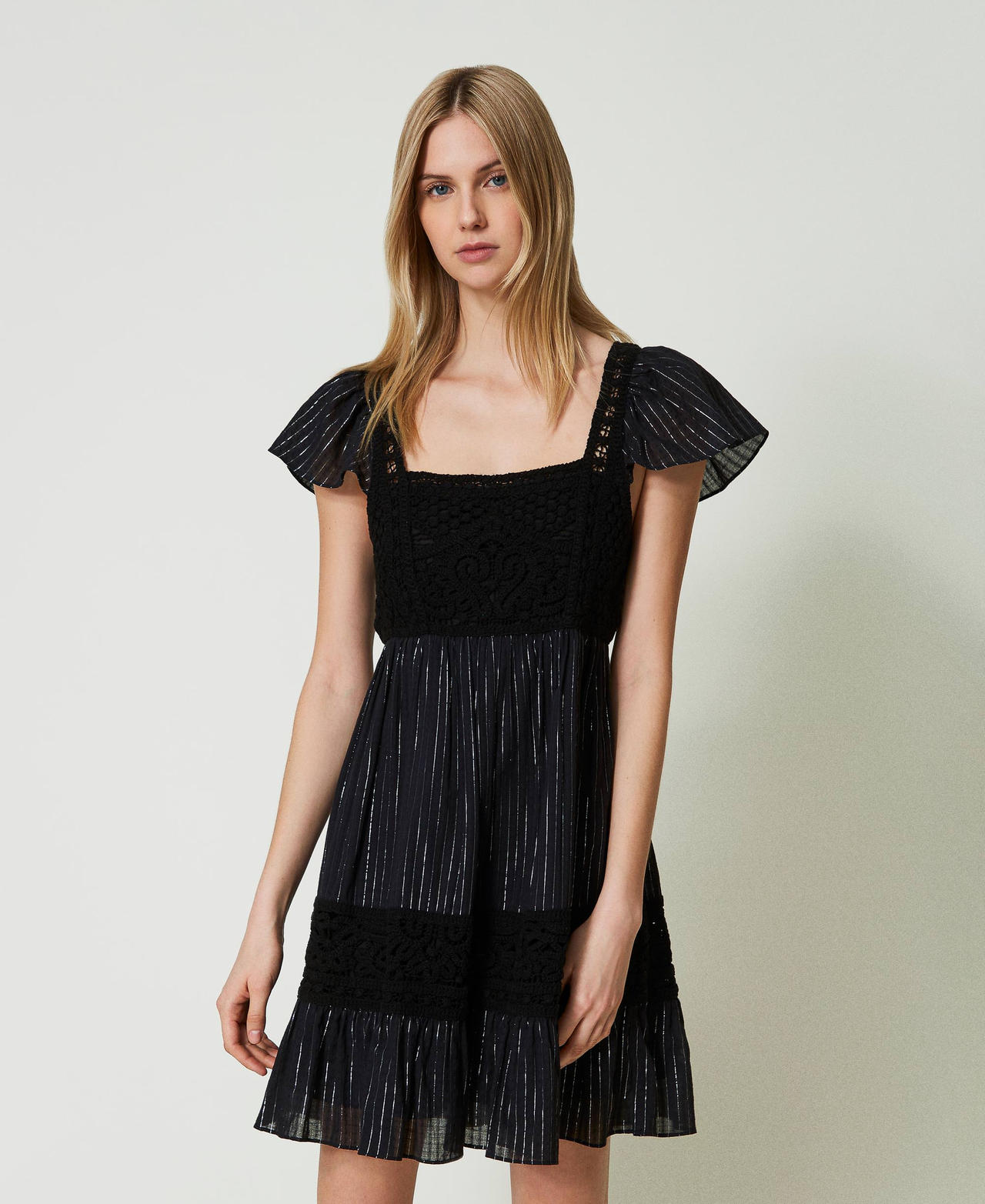 Short crochet and fil coupé dress Black Woman 241TT3170-02