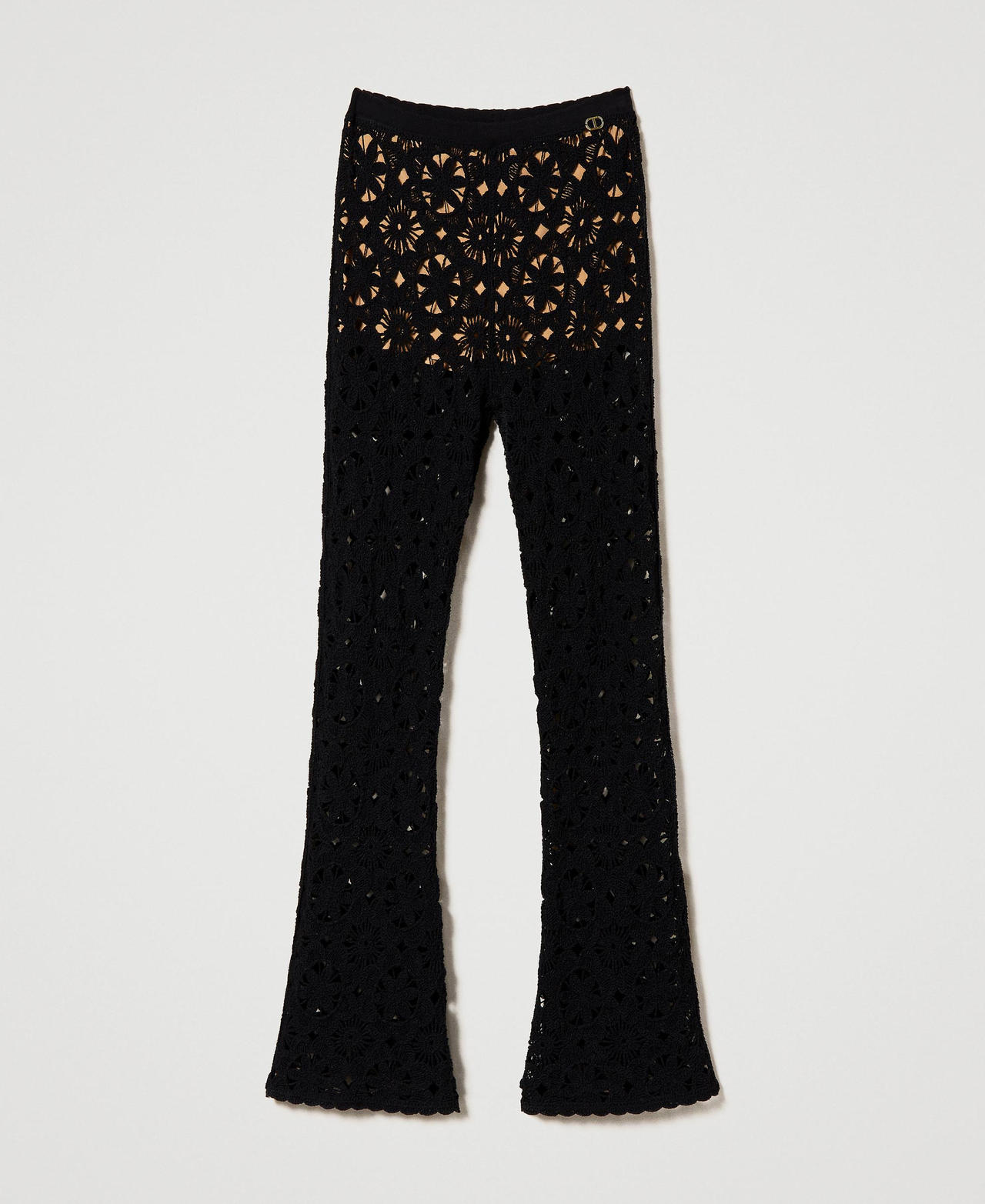 Pantalon évasé en maille florale au crochet Noir Femme 241TT3232-0S