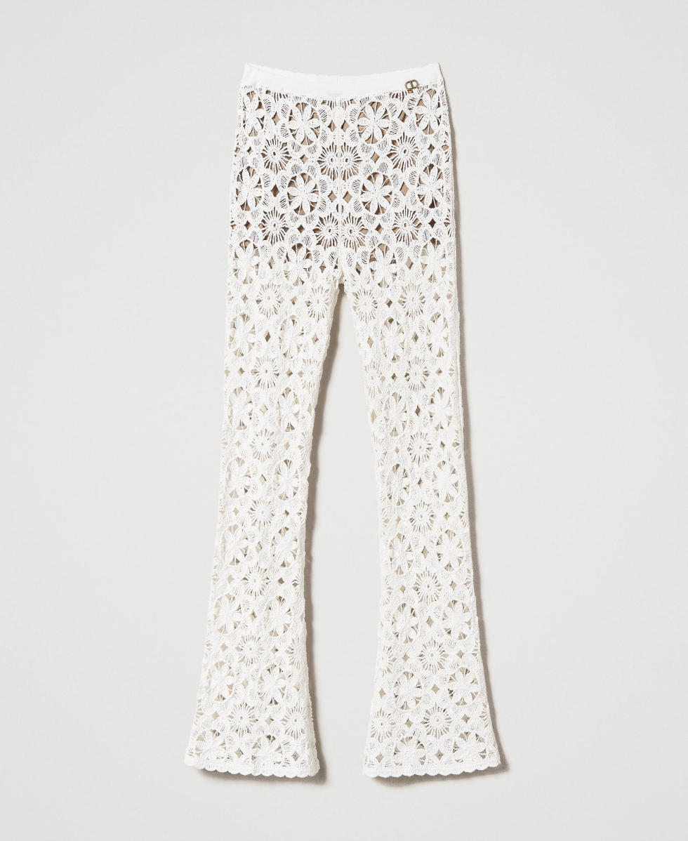 Pantalon &eacute;vas&eacute; en maille florale au crochet Beige &laquo;&thinsp;Parchment&thinsp;&raquo; Femme 241TT3232_07222_01