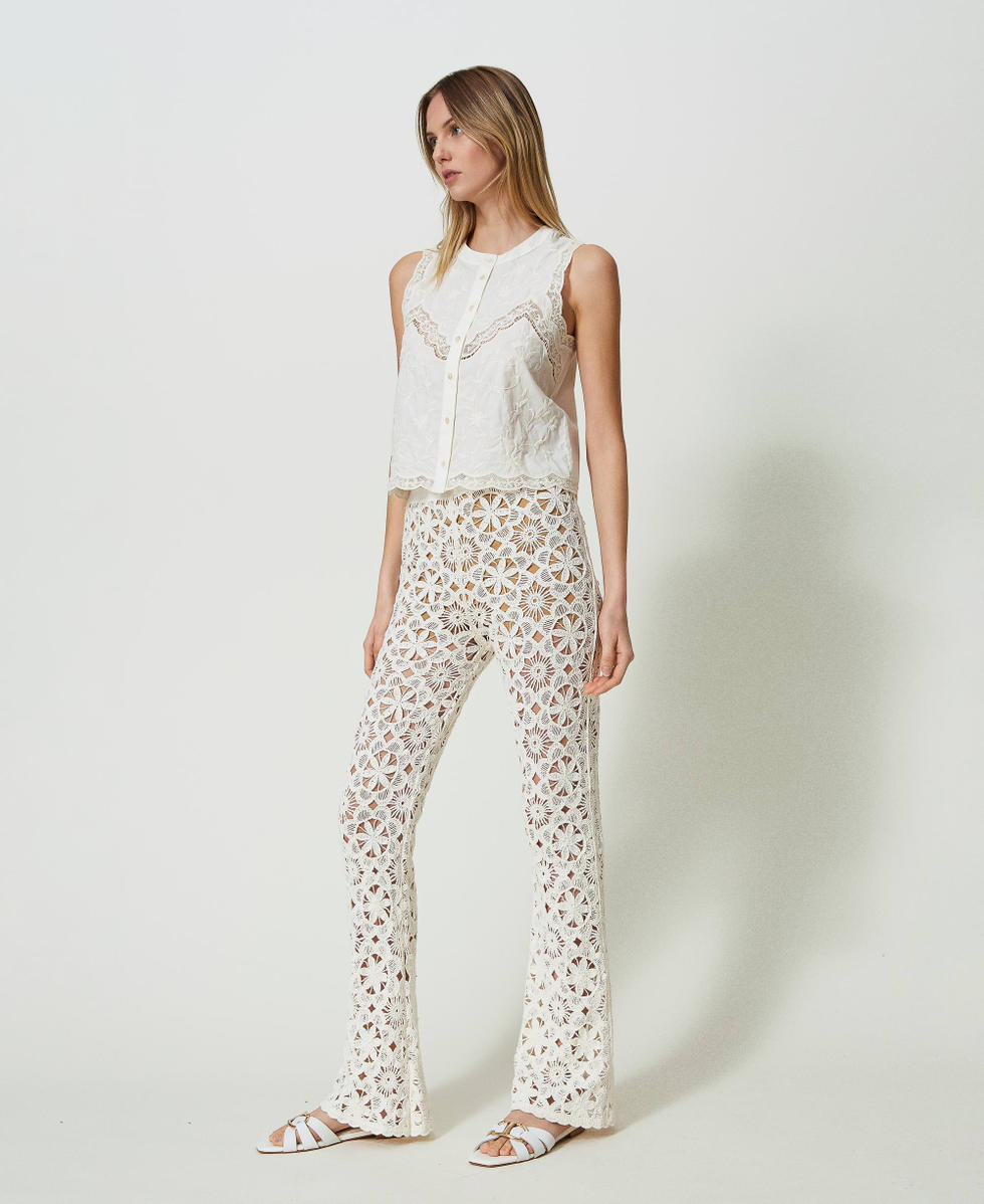 Flared floral crochet trousers Woman, Beige | TWINSET Milano