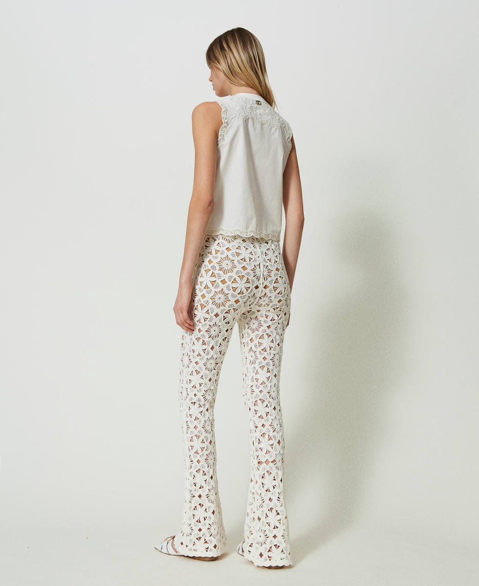 Pantalon &eacute;vas&eacute; en maille florale au crochet Beige &laquo;&thinsp;Parchment&thinsp;&raquo; Femme 241TT3232_07222_03