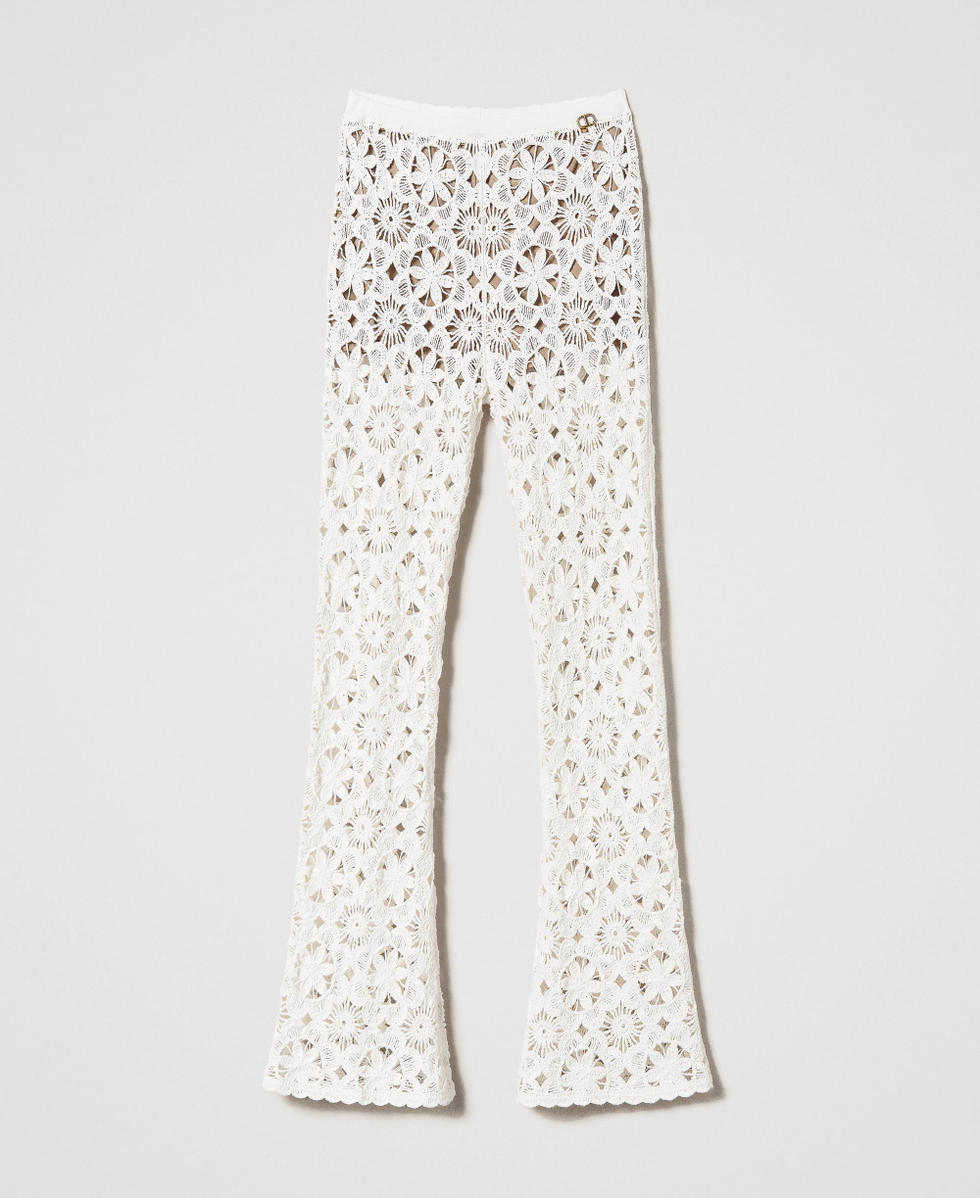 Flared floral crochet trousers Woman, Beige | TWINSET Milano