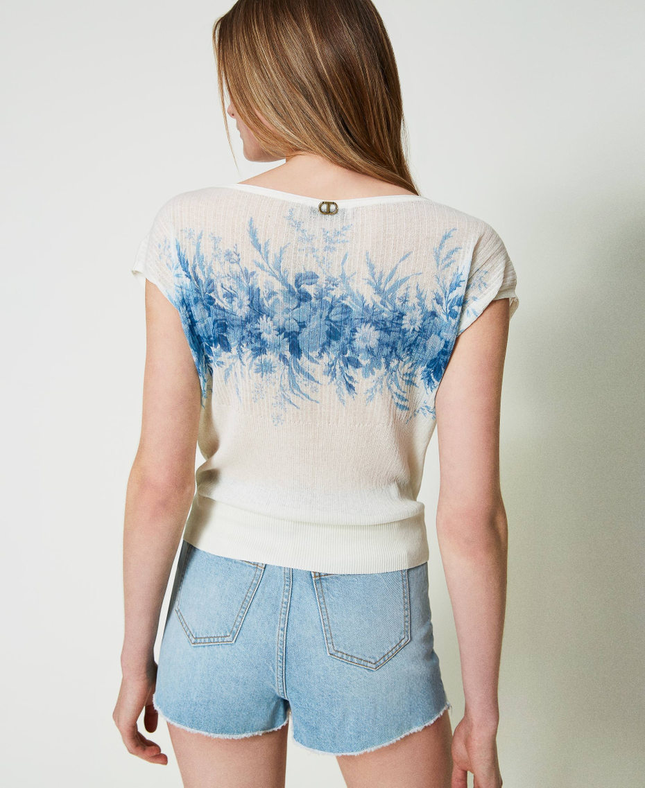 Ribbed jumper with floral print Ivory Toile de Jouy / Blue Calcedonie Print Woman 241TT3262_11679_03