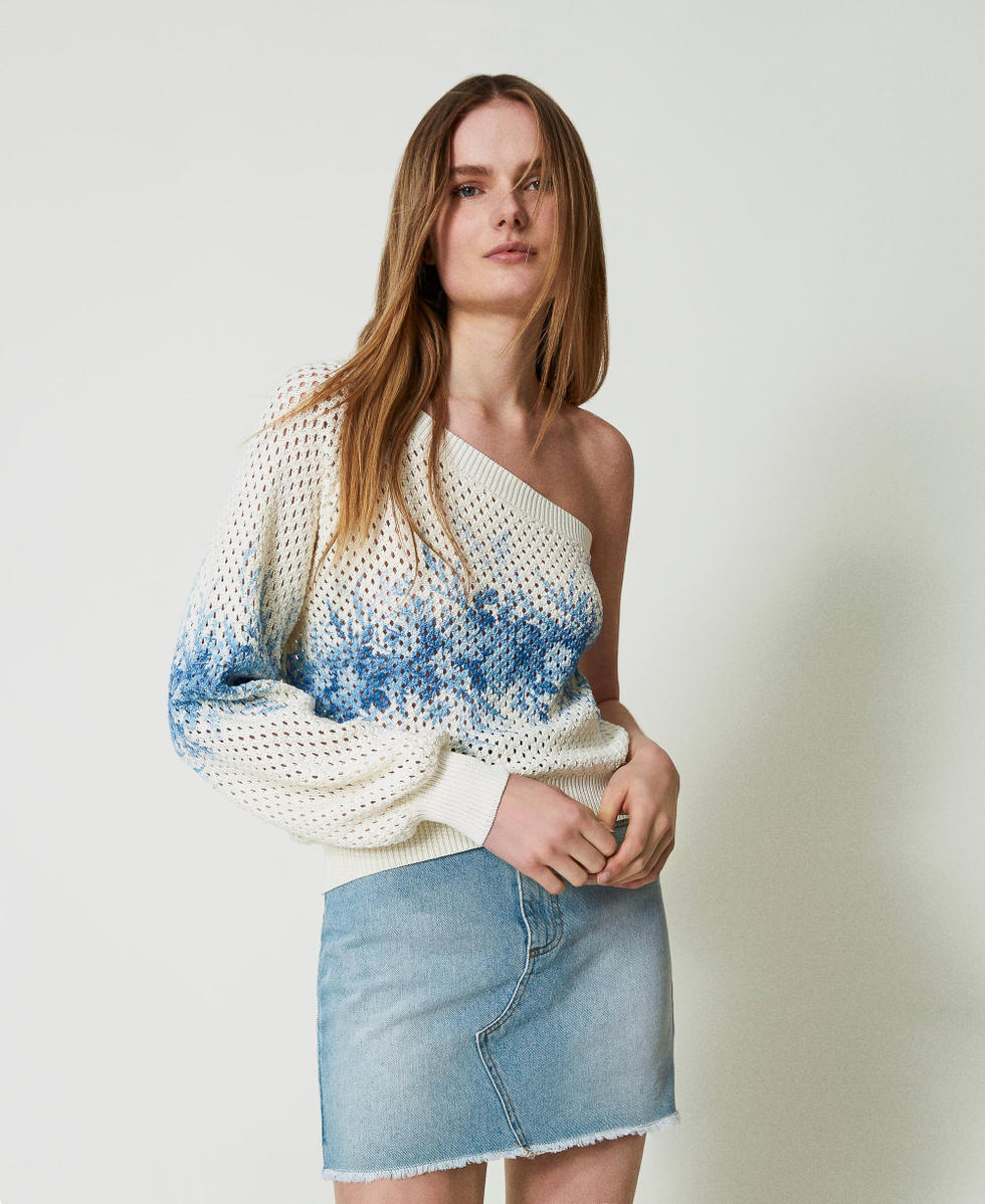 Pull asym&eacute;trique en filet avec imprim&eacute; floral Imprim&eacute; Toile De Jouy Ivoire/Bleu Calc&eacute;doine Femme 241TT3270_11679_01
