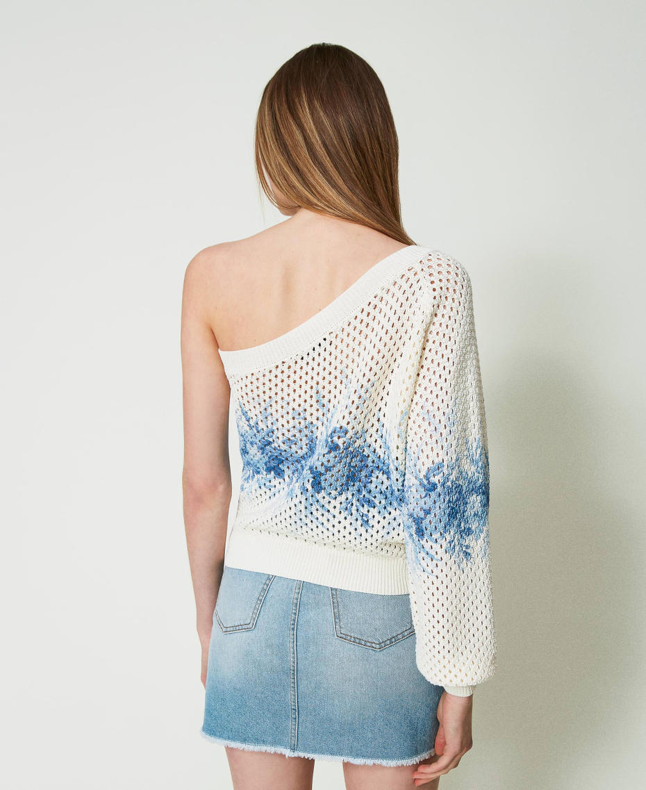 Mesh one-shoulder jumper with floral print Ivory Toile de Jouy / Blue Calcedonie Print Woman 241TT3270_11679_04