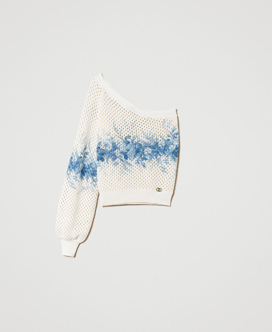 Pull asymétrique en filet avec imprimé floral Imprimé Toile De Jouy Ivoire/Bleu Calcédoine Femme 241TT3270-0S