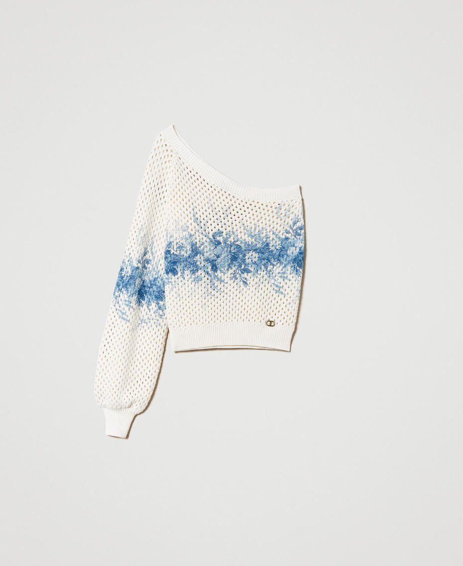 Einschultriger Netzpullover mit Blumenprint Print Toile de Jouy Elfenbein / Blue Chalcedonie Frau 241TT3270_11679_S0