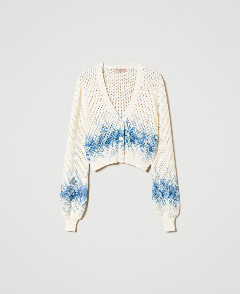 Mesh cardigan with floral print Ivory Toile de Jouy / Blue Calcedonie Print Woman 241TT3271_11679_S0