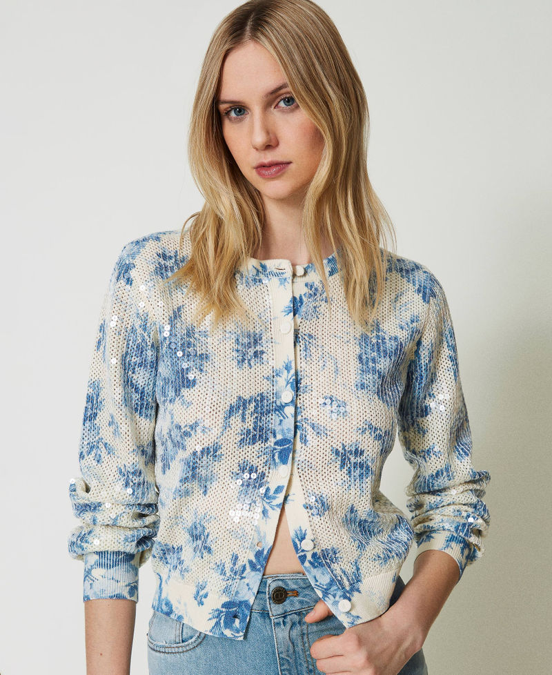 Floral knit jacket with sequins Ivory Toile de Jouy / Blue Calcedonie Print Woman 241TT3282-01