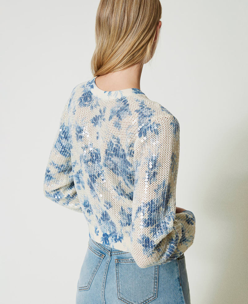 Floral knit jacket with sequins Ivory Toile de Jouy / Blue Calcedonie Print Woman 241TT3282-03