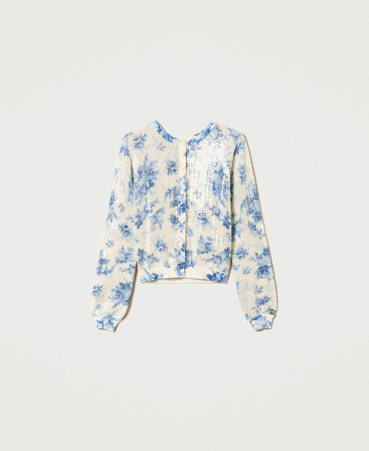 Floral knit jacket with sequins Ivory Toile de Jouy / Blue Calcedonie Print Woman 241TT3282-0S