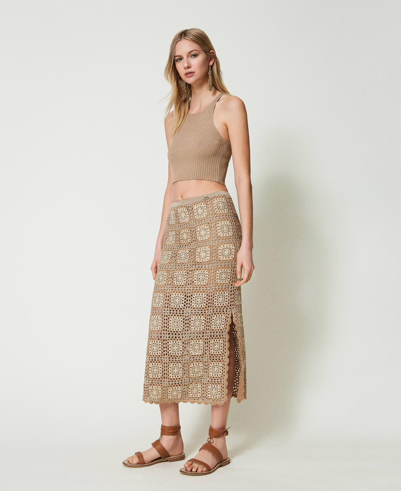 Midi multicolour lurex crochet skirt “Ginger Root” Beige Lurex Crochet Multicolour Woman 241TT3311_11645_02