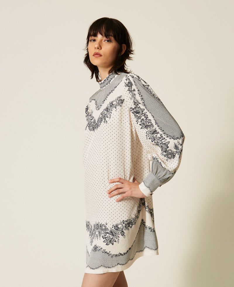 Abito corto in raso jacquard a fiori e pois Stampa Lace And Flowers Nero / Madreperla Donna 262TP267C_13947_03